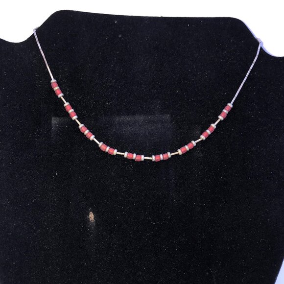 15 1/4" Frosted Orange Red and Silver Beaded Necklace - Picture 1 of 9